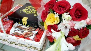 Chocolate basket and bouquet