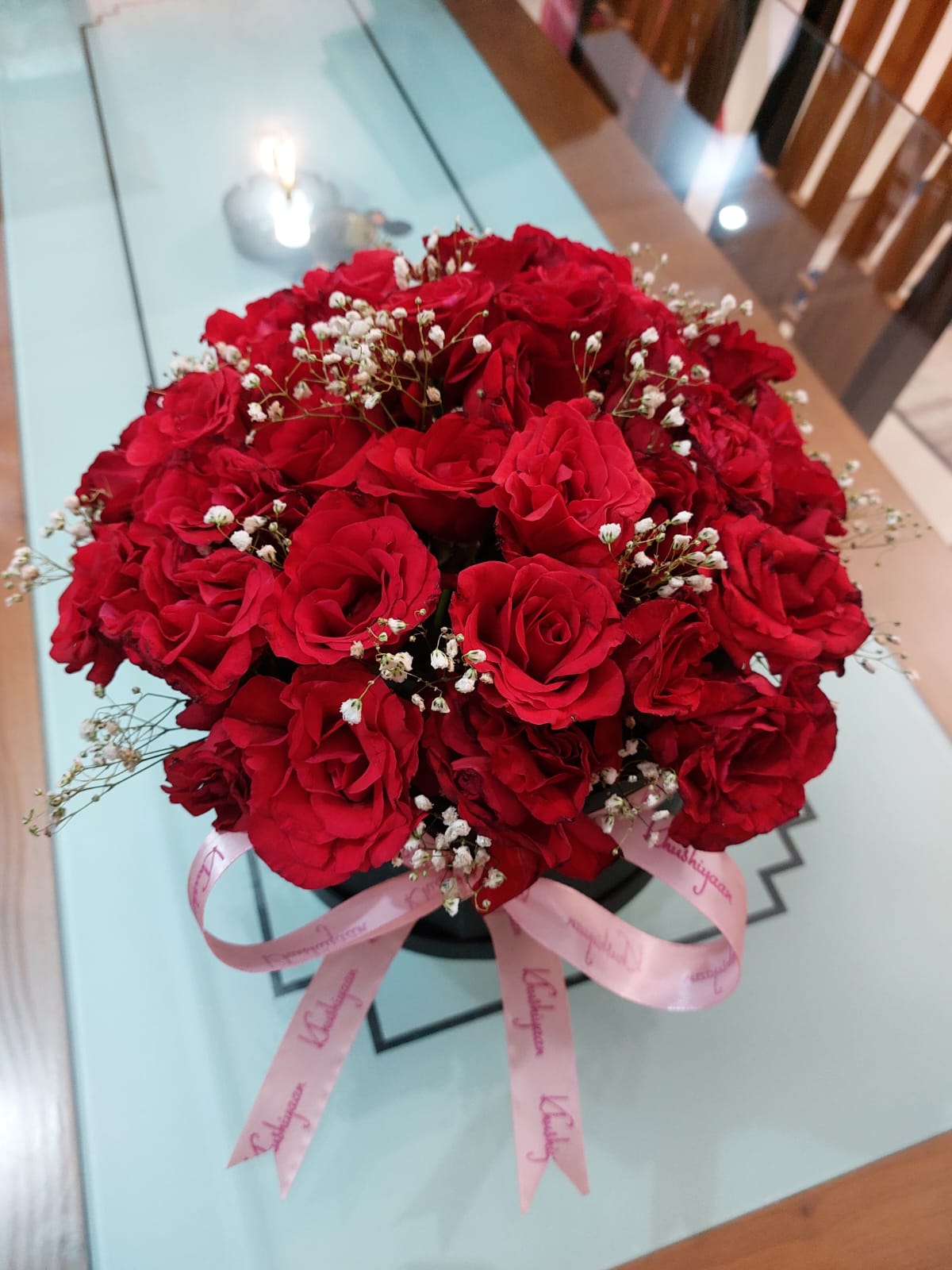 Red Roses round box bouquet | Khushiyaan - A Basket of Happiness