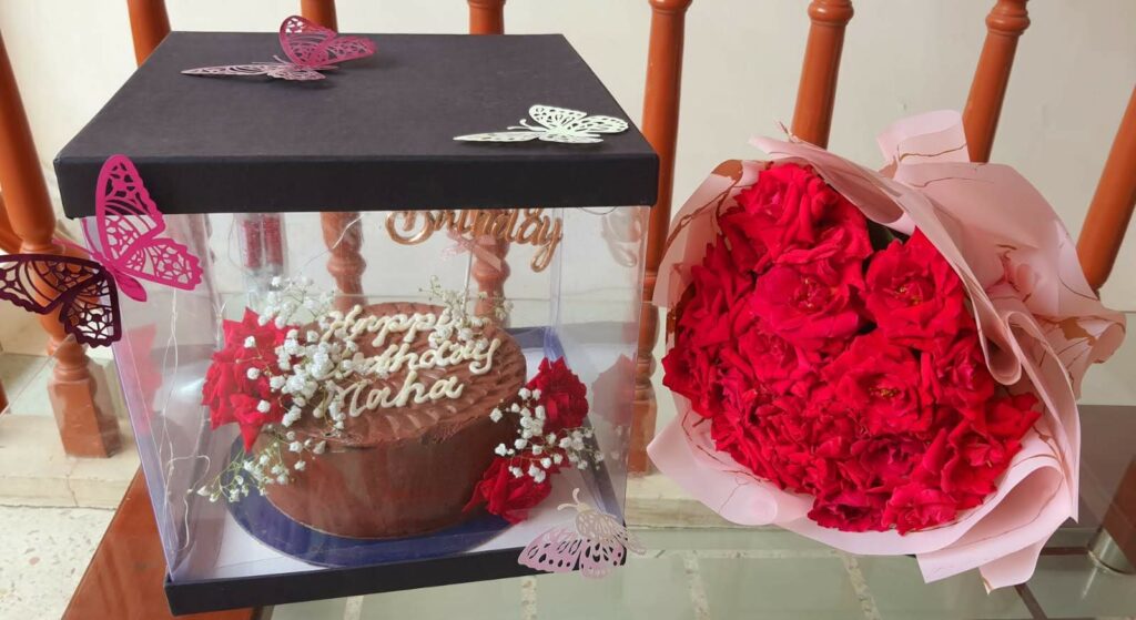 Cake box and roses bouquet combo | Khushiyaan - A Basket of Happiness