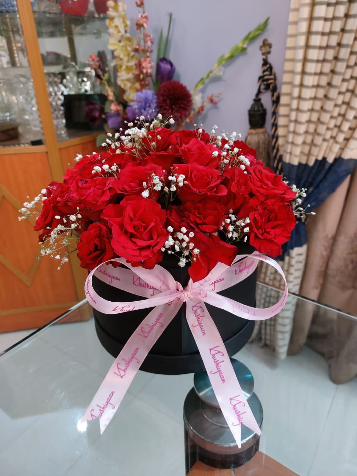 Red Roses round box bouquet | Khushiyaan - A Basket of Happiness
